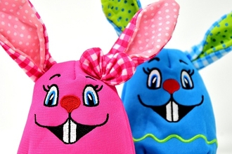 pink and blue fabric bunnies