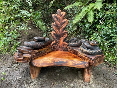 A wooden bench with an oak leaf and snakes carved into it. 