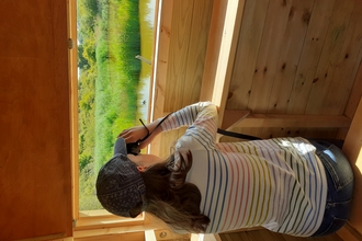 Child birdwatching from bird hide