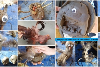 collection of photos showing clay model creatures