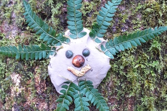 face made from clay, leaves and seeds stuck onto tree trunk