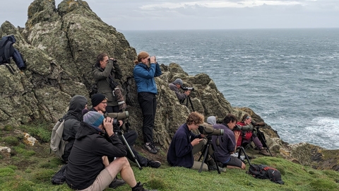 A group of people looking at birds through telescopes. The sea is behind them.