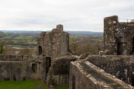 Castle ruins with tree tops and hills in the background. 