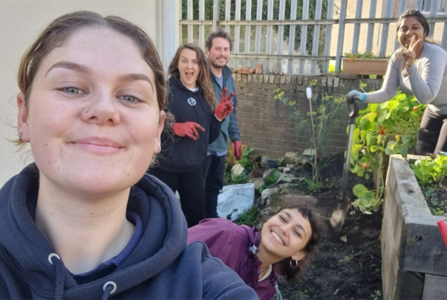 Selfie of student volunteers at Brynmill community garden