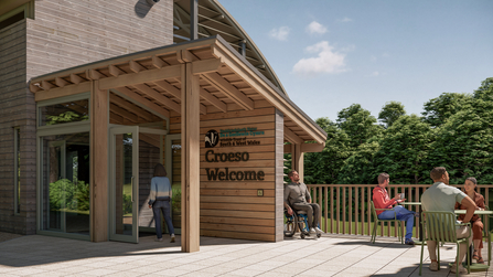 An artist impression of the proposed changes to the Welsh Wildlife Centre entrance. There are people of different ages, races and abilities in the image. 